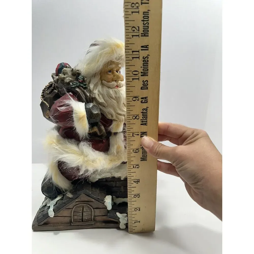 Vintage Wood Carved Art Santa Claus Entering Chimney With Sack Of‎ Toys Figure
